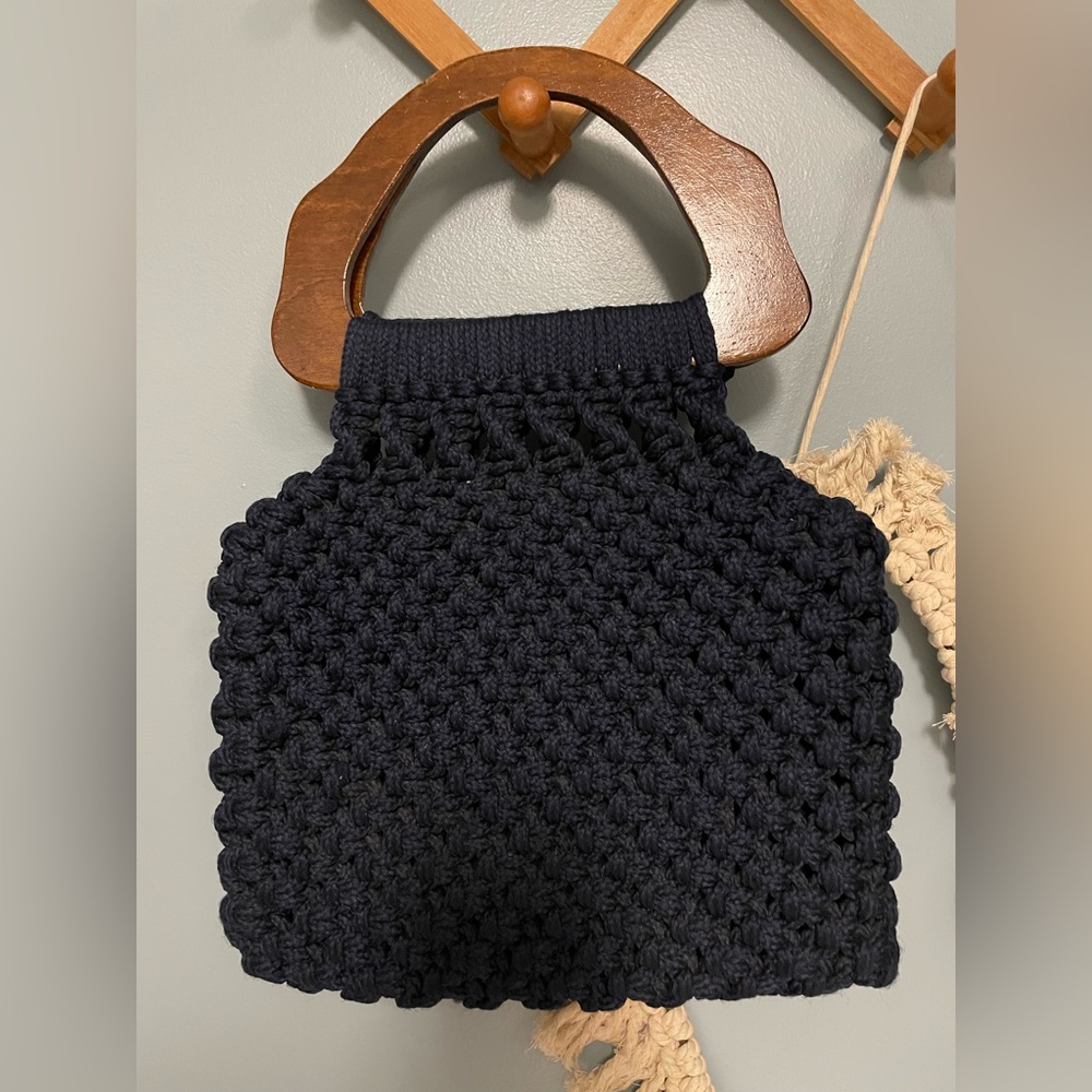 Vintage Navy Blue Macrame Purse with Wooden Handles